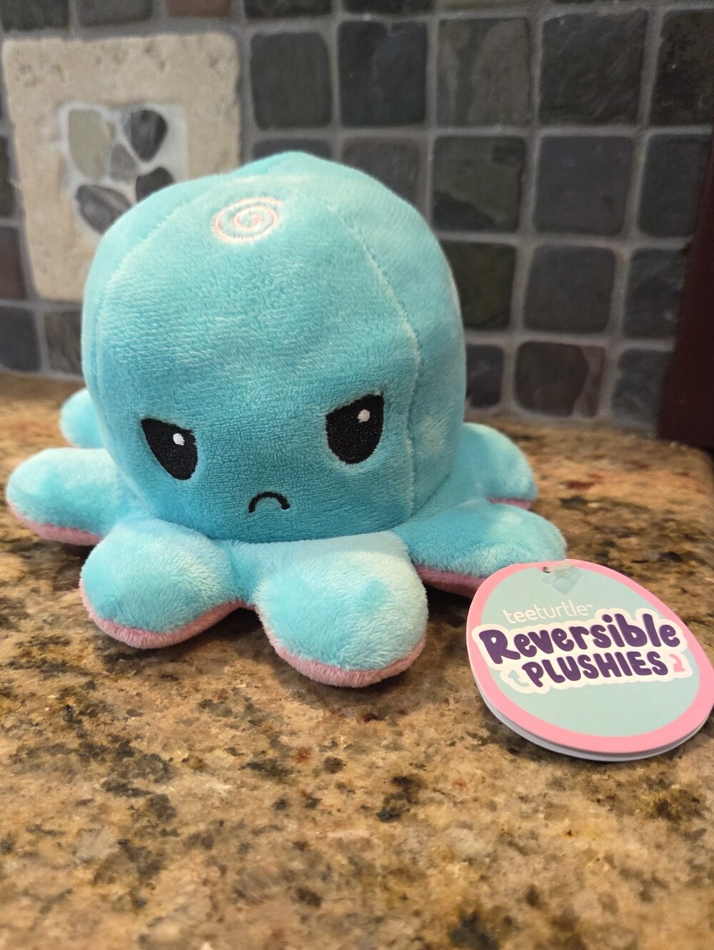 TeeTurtle Reversible Octopus Plush 8” Happy Mad Mood Soft Blue Pink NWT